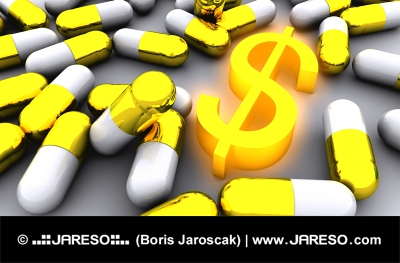 Veľa zlatých piluliek a symbol žiariaceho dolára